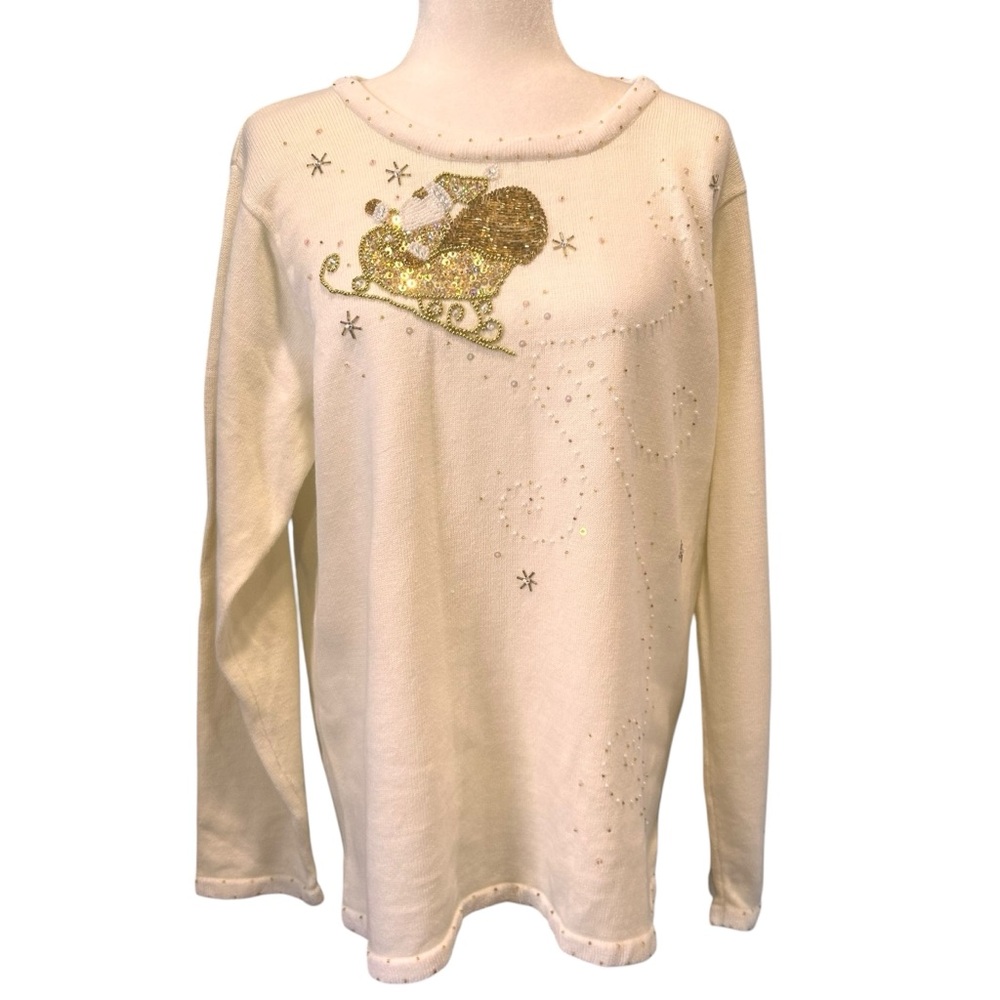 Quacker Factory Christmas Sweater womens sz large Sequin Santa  pullover holiday